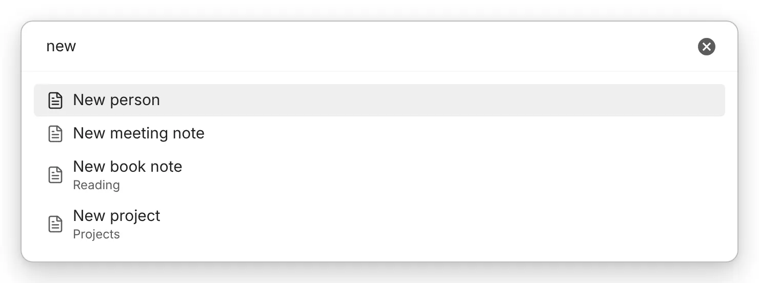 The QuickAdd choice picker searching for “new”: root choices New person and New meeting note, followed by New book note from the Reading folder and New project from the Projects folder, each nested match labelled with its folder