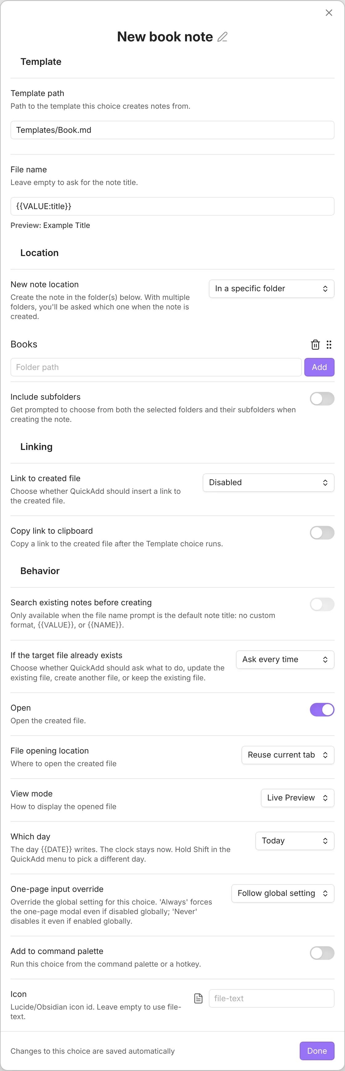 The QuickAdd Template builder, showing the Template, Location, Linking, and Behavior sections